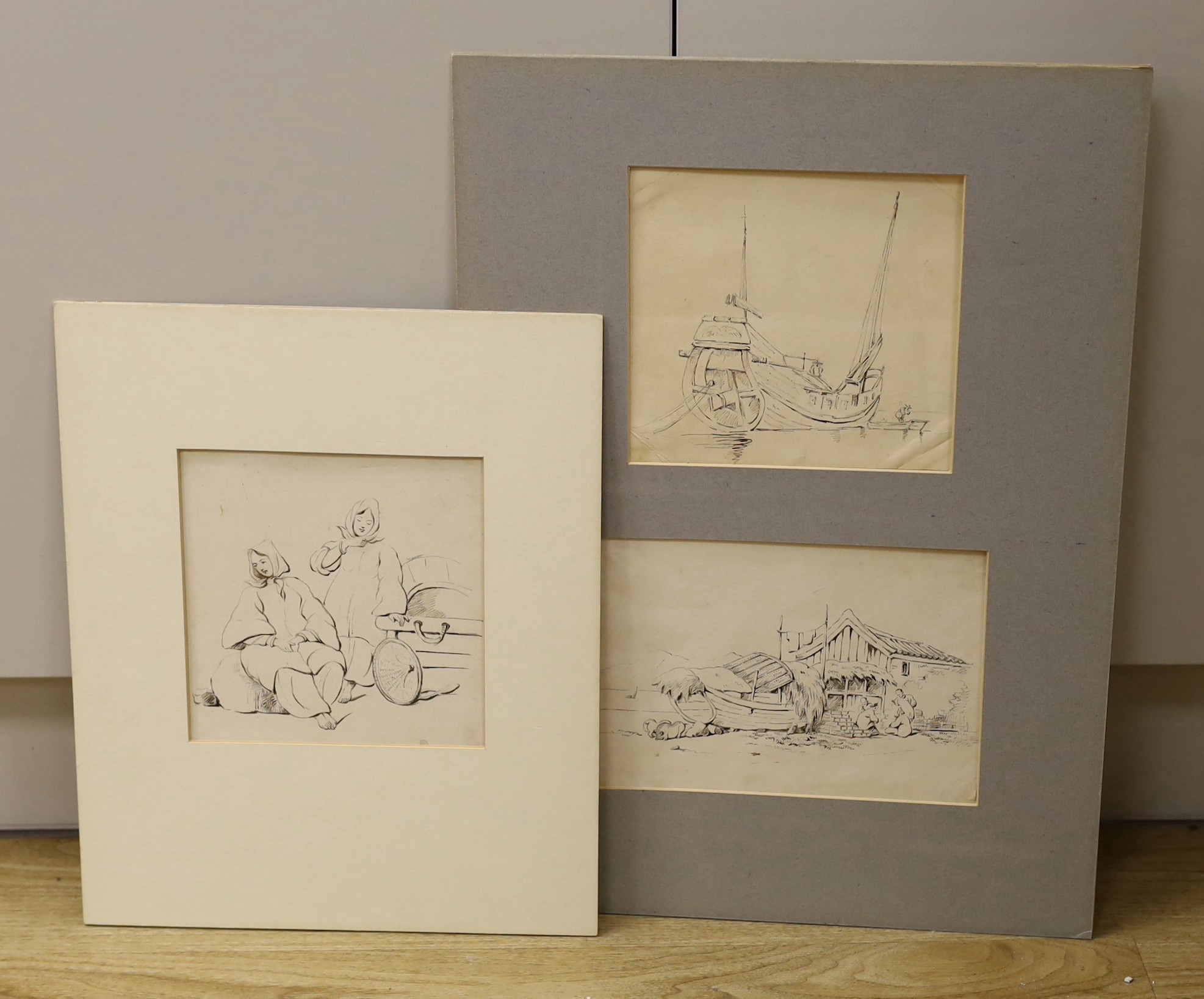 Manner of George Chinnery, three pen and ink drawings, largest 19 x 19cm, unframed